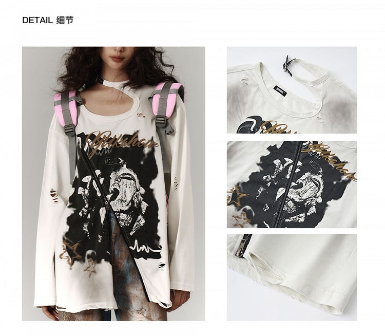 Zipper and Detail White Distressed Top with Cutout Shoulder