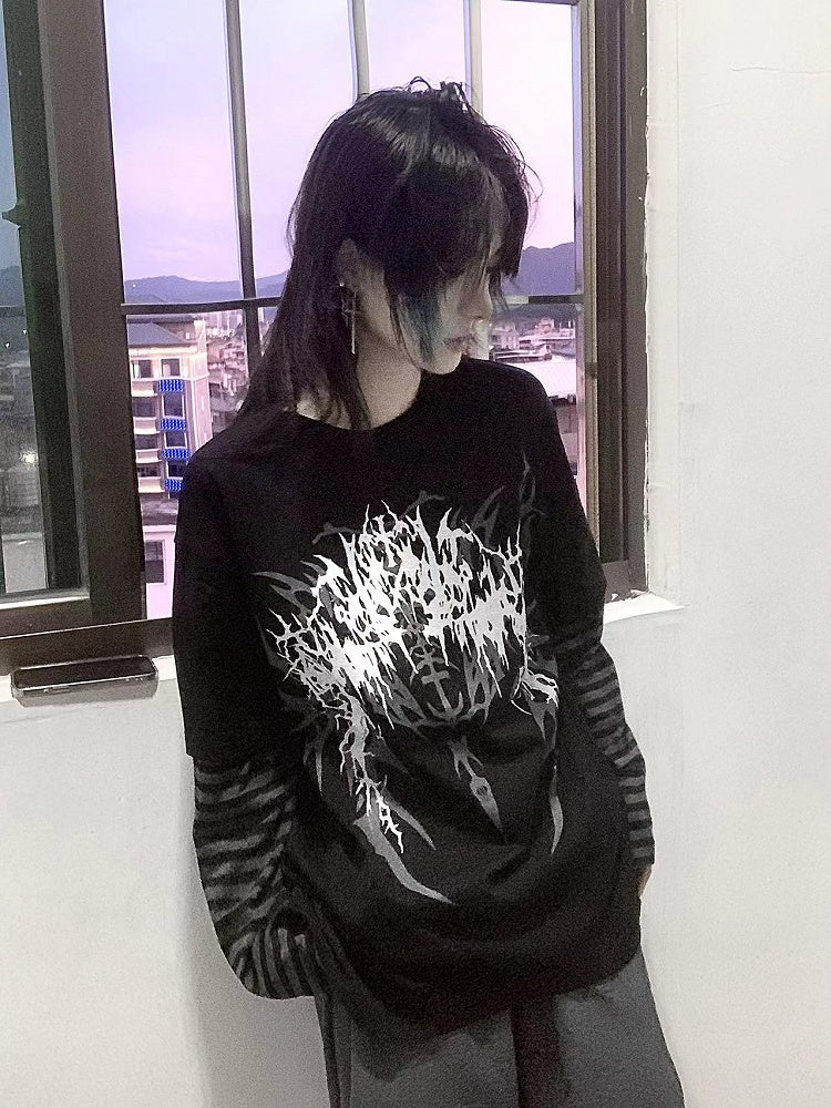 and Dark Top Sleeves Print Faux Gothic Black Two-Piece Striped Fantasy with