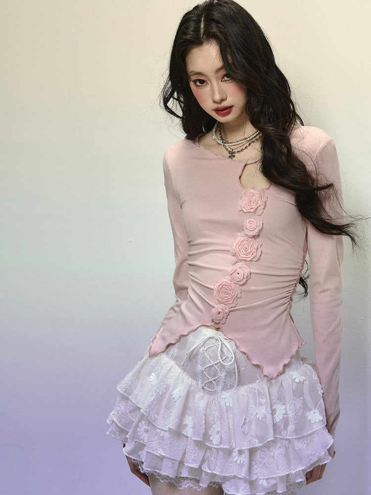 Gestricktes Detail Halsausschnitt Blumen verziert Cutout Top Rosa Rund Glamorous