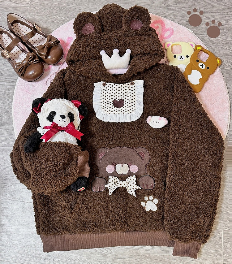 Brown Plush Fleece Hoodie with Bib Design