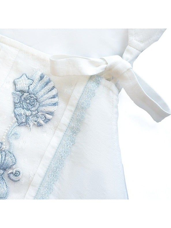 Sleeveless Tie Strap Shell Embroidered Dress in White and Blue - Yimu Walnut