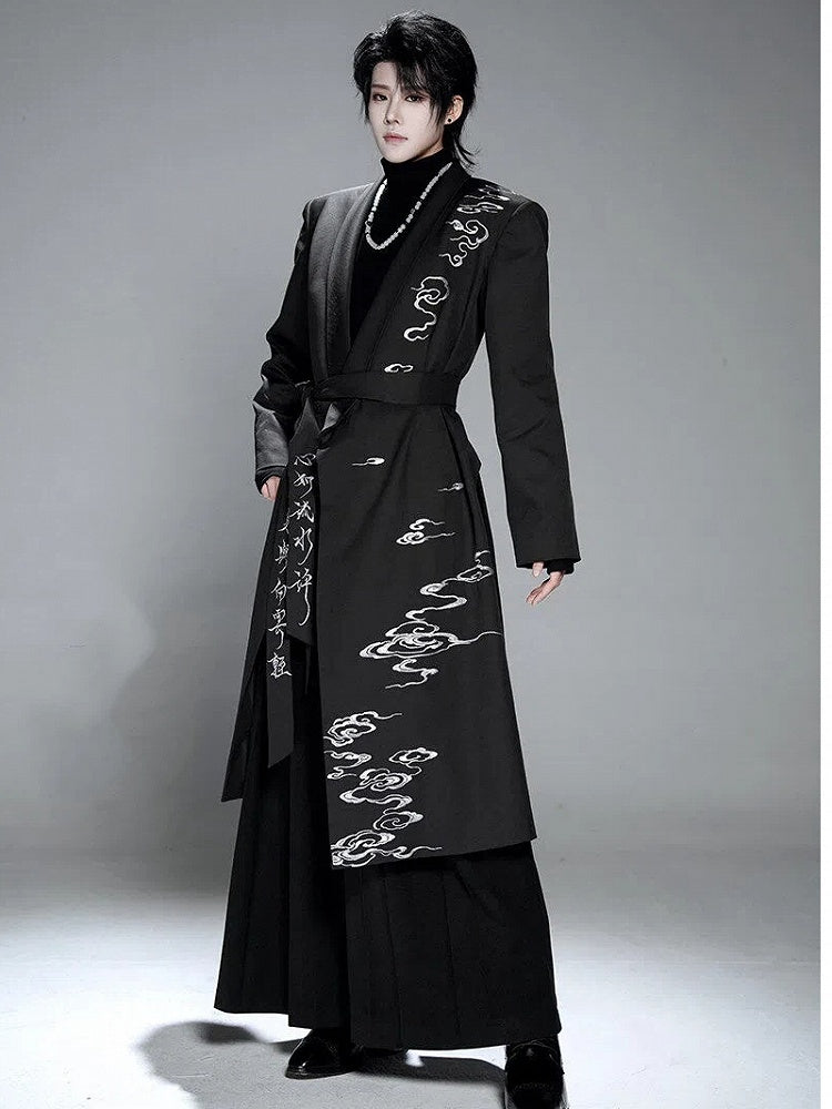 Black Turtleneck Long Sleeve Top with Embroidered Cuffs & Detachable Shoulder Pads