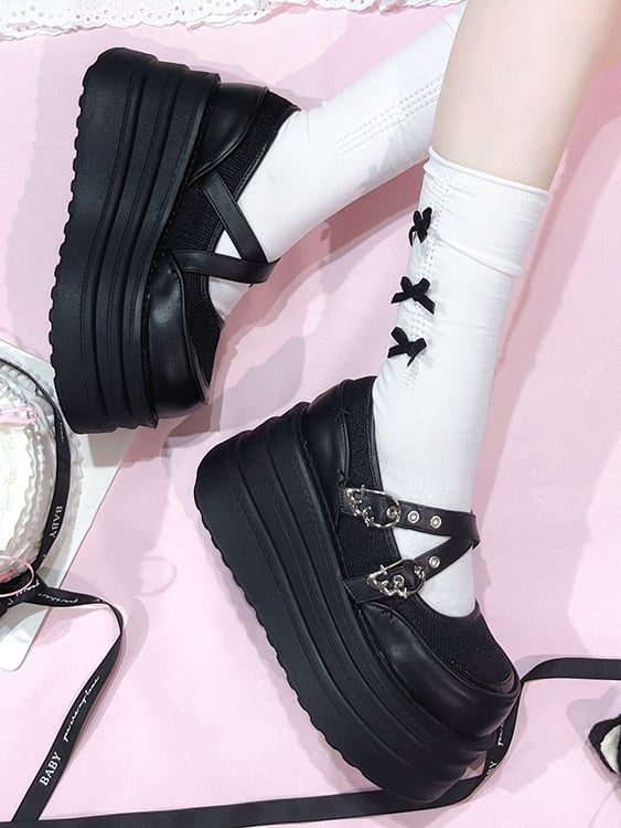 Wing Design Platforms Crisscross Black Buckles