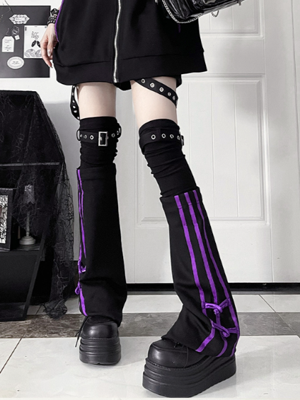 Straps Leg Style Purple Black Gothic Stripes+Knot Warmerswith DetailsBuckle Cheongsam Side