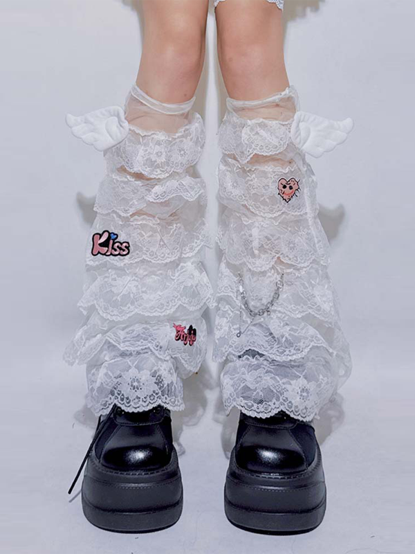 with Sleeves Lace Accents Tiered White Leg Wing