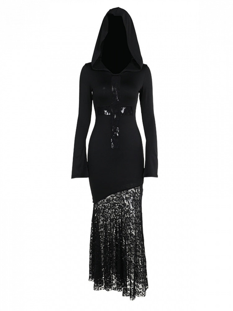 Halloween Cross Witch with Cut-Out Hooded Embroidered Floral Black Dress Lace Gothic
