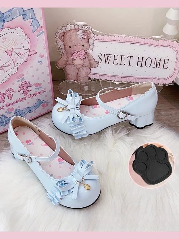 Accent Blue Bow Round Lolita Mid Toe Heels Berry Sweet PU with -