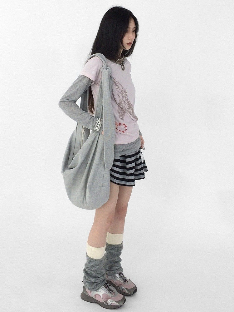 Top Pattern Grey Print Whale - Long Neck Two-piece Sleeve Pink Star Round