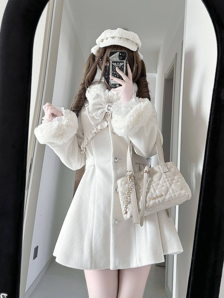 with Buttons Off-White Waist-Cinched Rhinestone Coat Heart Kei Jirai