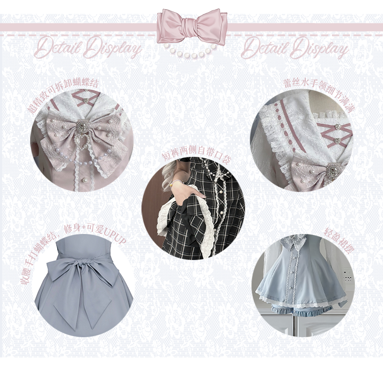 Plaid Bow Mini Dress + Ruffled Back Black Shorts Sailor Collar Self-tie Hem Jirai Kei Set