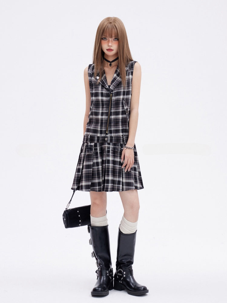 Vintage Y2K Black and White Plaid Pattern V-Neck Dress Sleeveless Shirt
