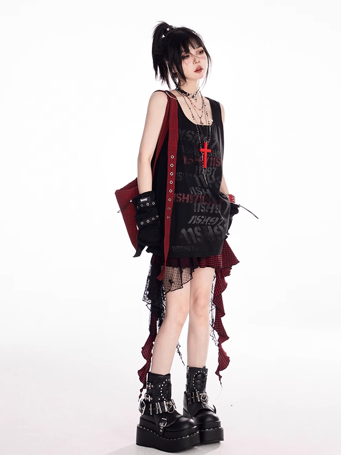 ブラック スクープネックライン レタープリント ヴィンテージ ルーズタンクトップ