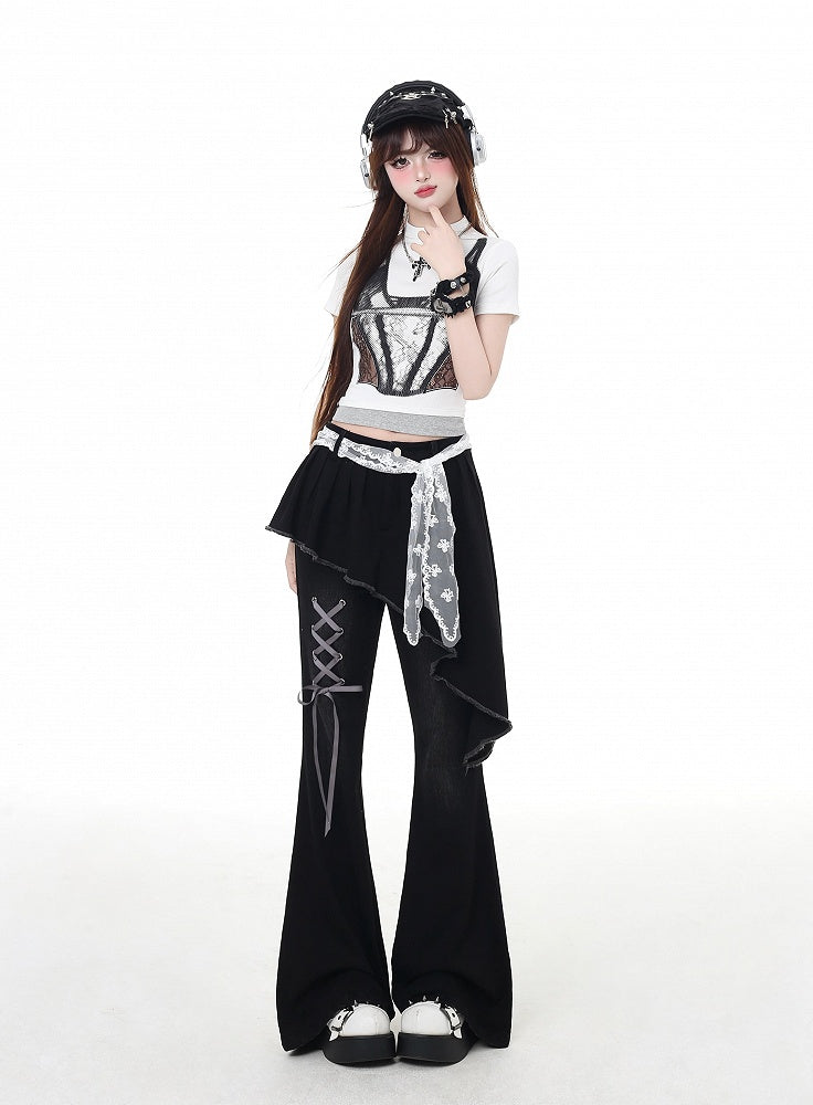 Lace Belt Black Asymmetrical Hem Lace-up Detail with Faux Two-Piece Waist Flared Pants