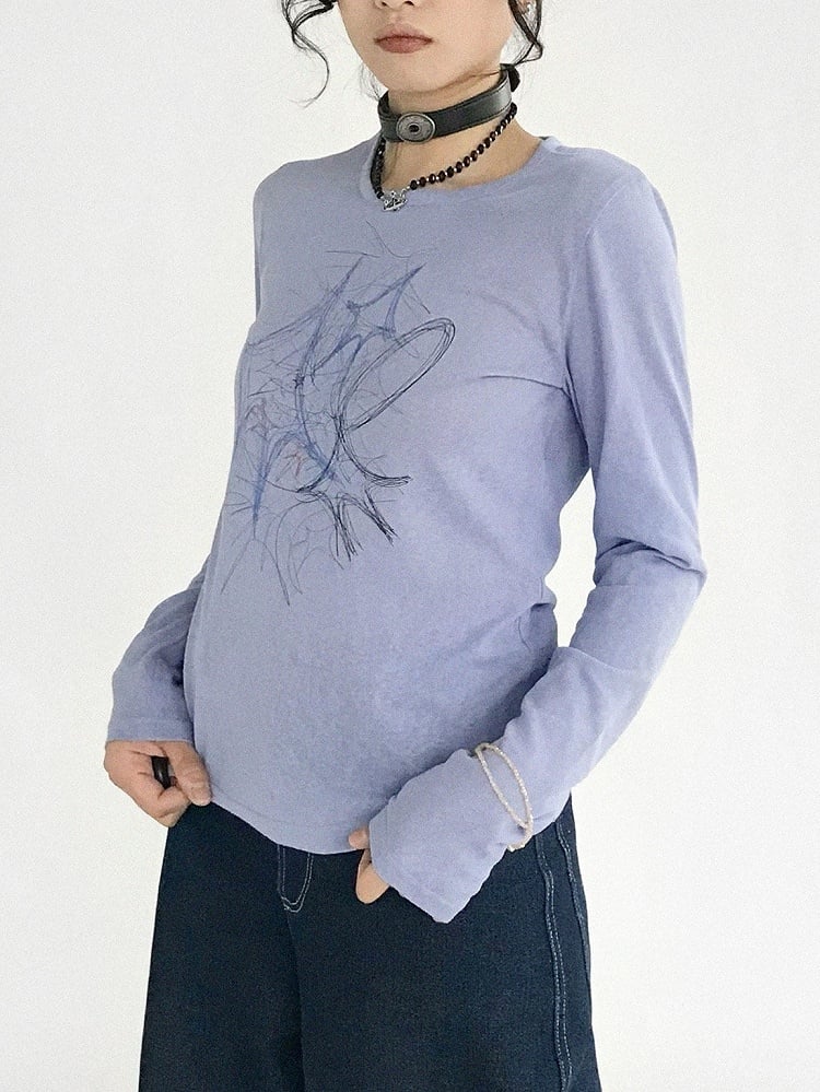 Sleeve Print Neck Top Graffiti Version with Long Design Round Y2K Purple