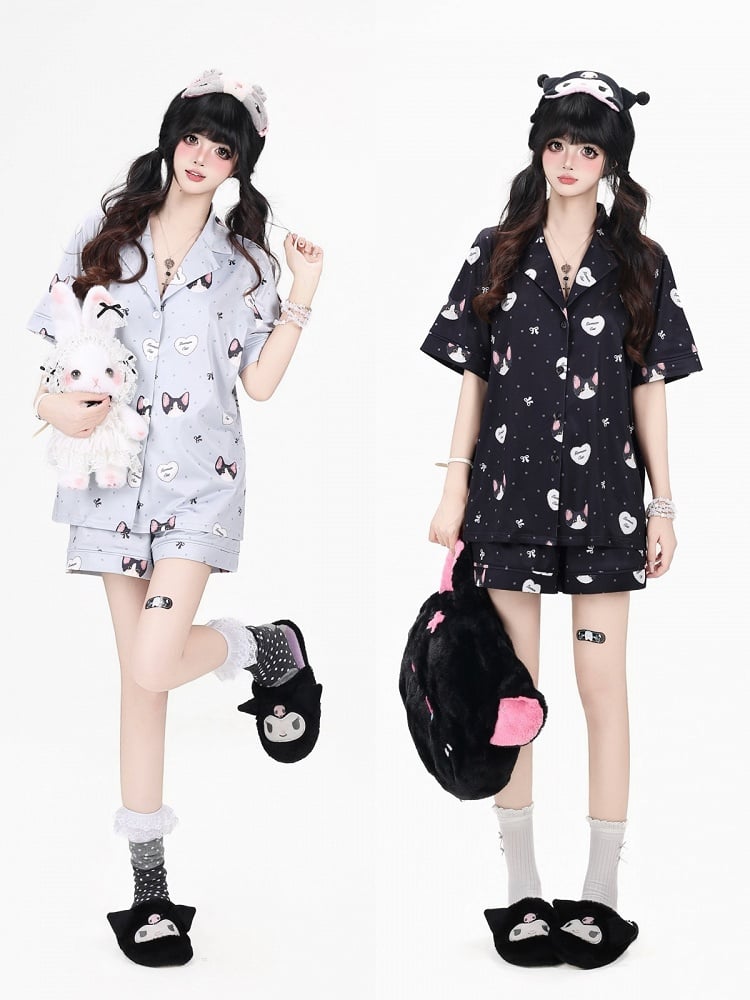 Grey Cute Otaku Kitten Print Short Lounge Wear Two-Piece Set - Short-Sleeve Top + Shorts - CRAZY GIRL