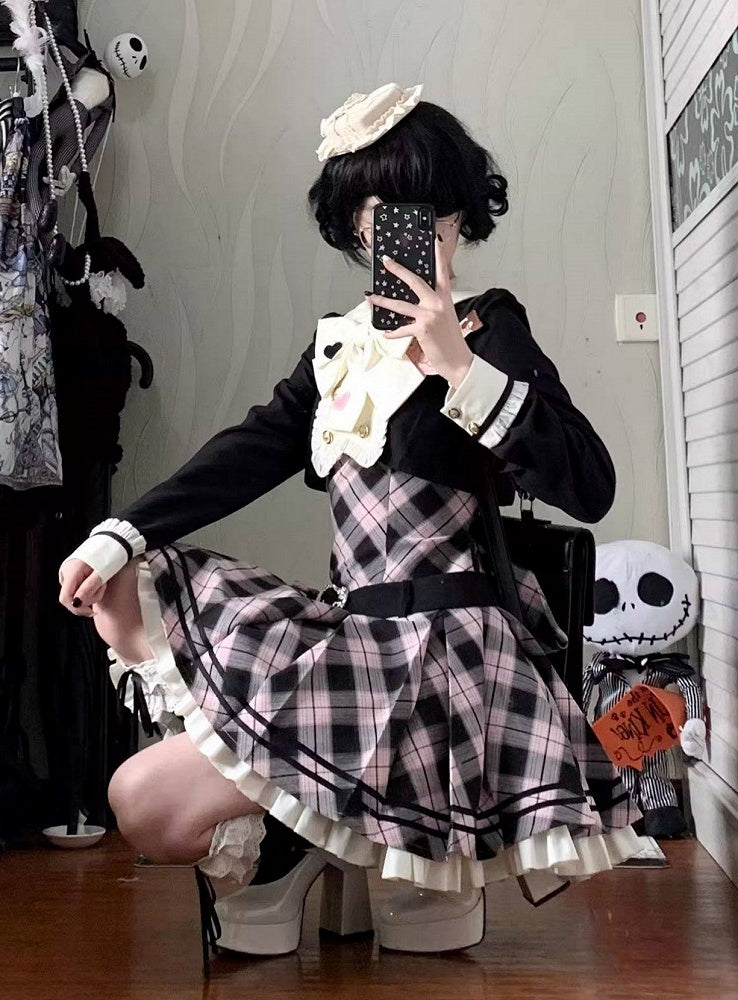Black Dress Pink Lolita Accents Buckle Faux Two-Piece Plaid Bow Heart-Shaped with Sweet and