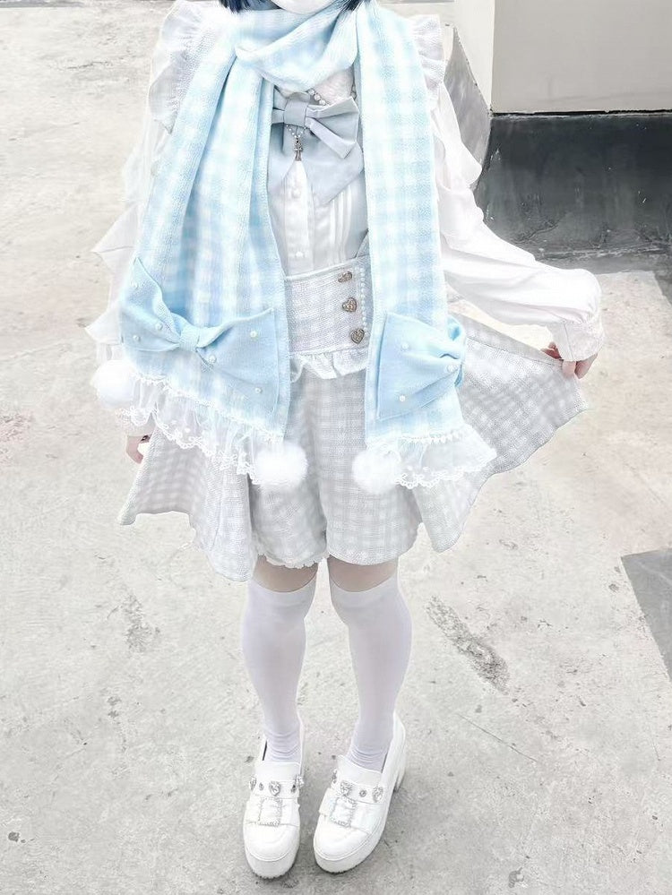 Scarf Trim Beaded and Kei Jirai Blue Plaid Pompons Bowknots White Light Lace with