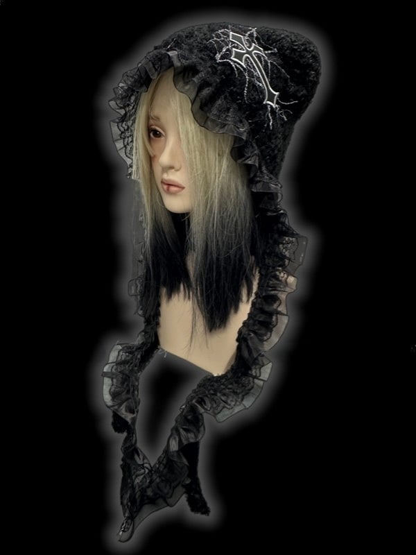 Knit Trim Punk Patch Cross Black with Lace Beanie Y2K