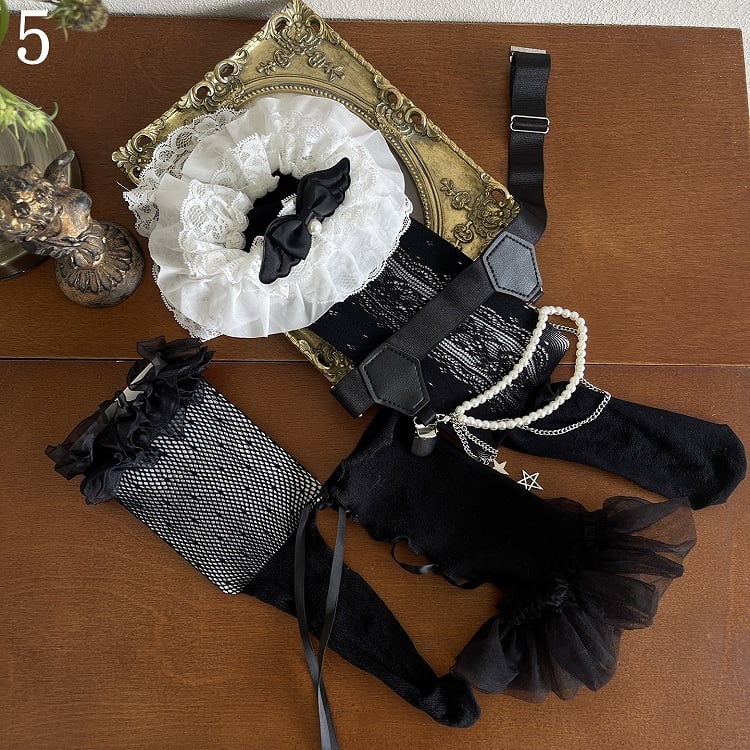 Leg Straps Stockings/Black Warmers/Leg Lace Underknee Black Ruffle Pattern White Loop Hollow-out Stockings/Self-tie Floral