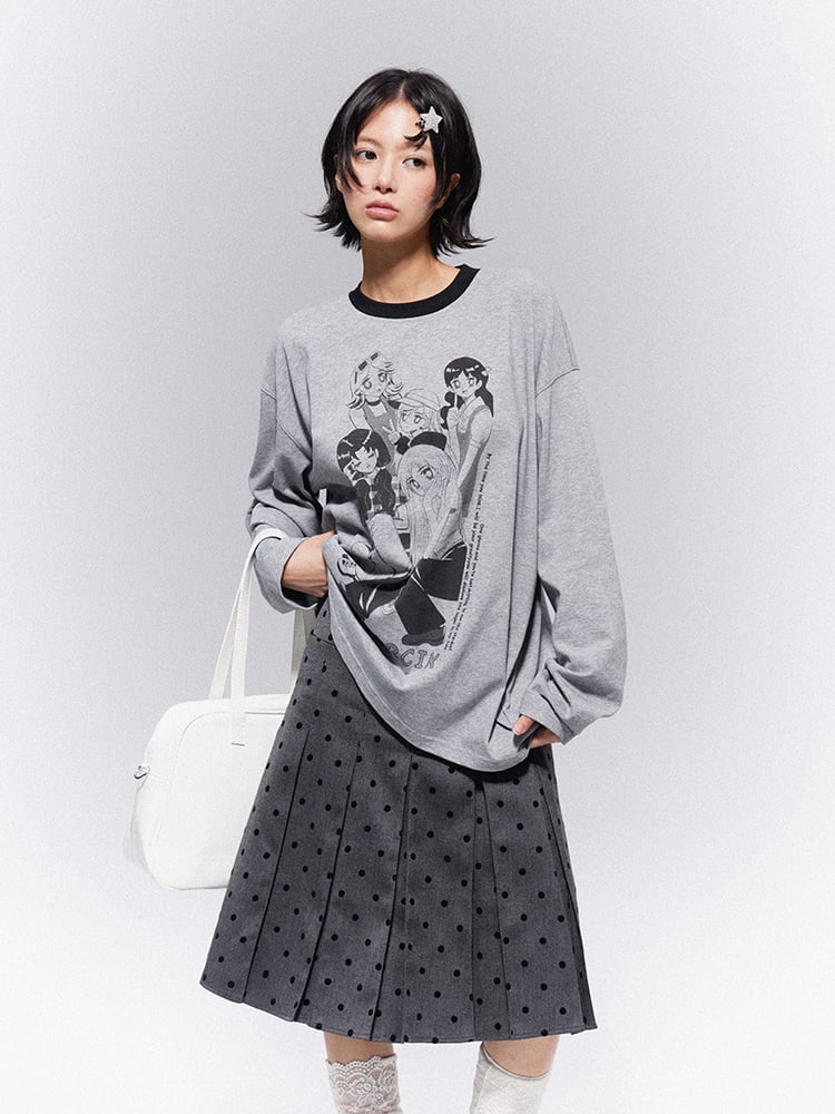 Print Top Neckline Crew Gray Casual Girl Trim with Anime Black