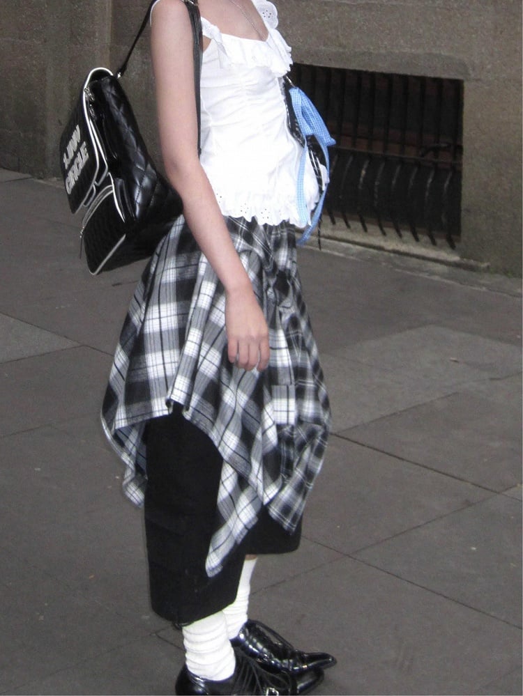 Plaid A-Line Handkerchief Skirt Black White with Hem