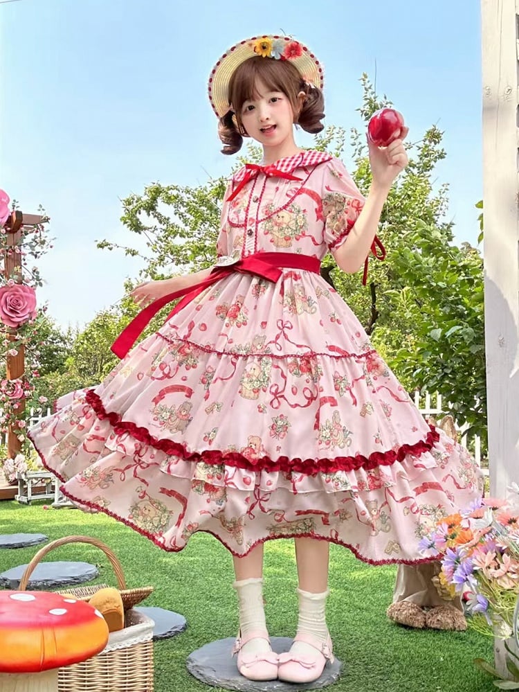 Erdbeer-Kurzkleid Lolita und bedruckte Ärmel Teddy Pink
