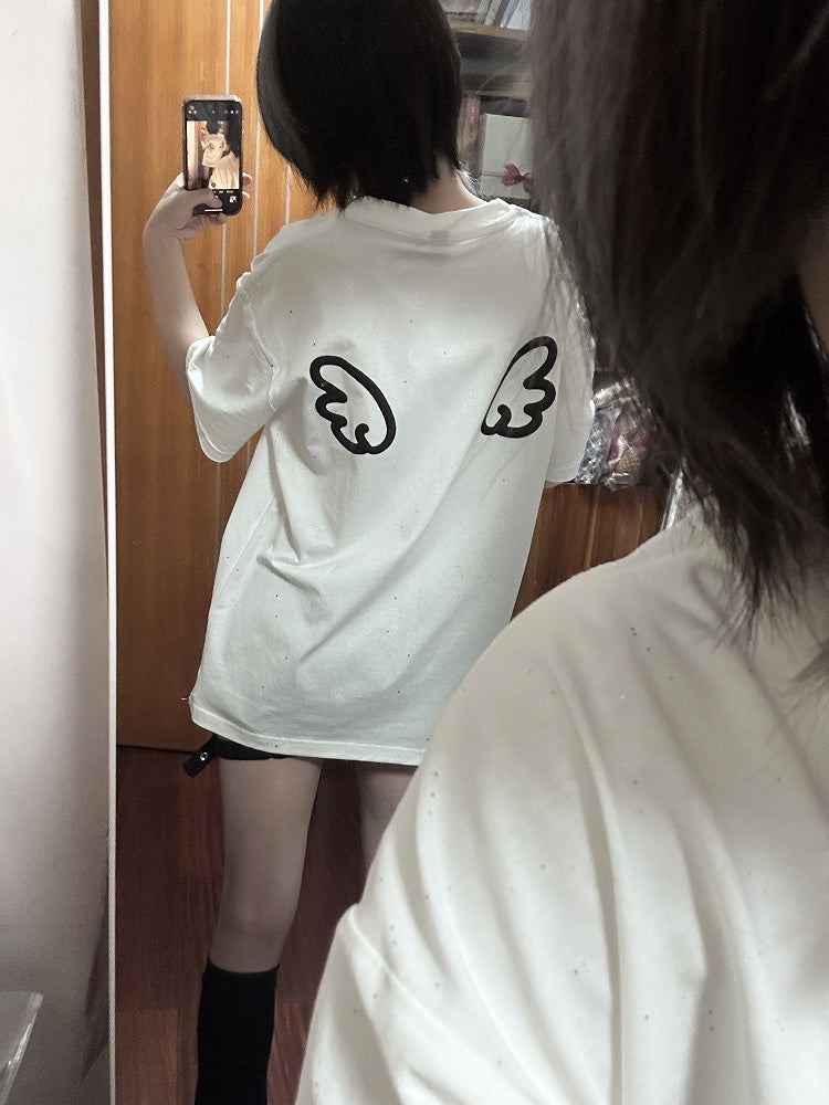 with Embellishment Crewneck White Sequins Wing Cotton T-shirt Pattern