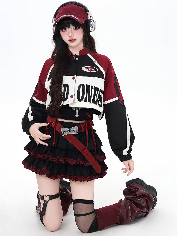 - Jacket Red Adjustment Black Baseball for Bittersweet Detachable Hem Length