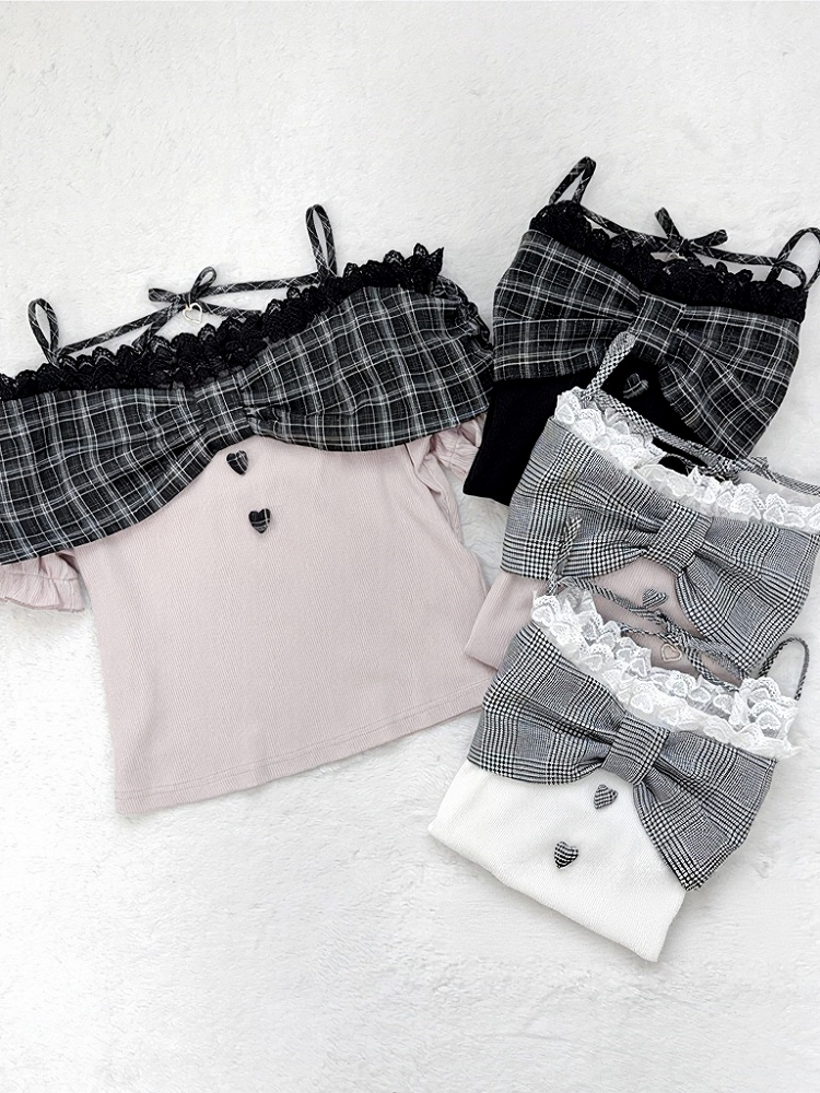 Black Plaid Lace Off-Shoulder Knit Tee - nekura
