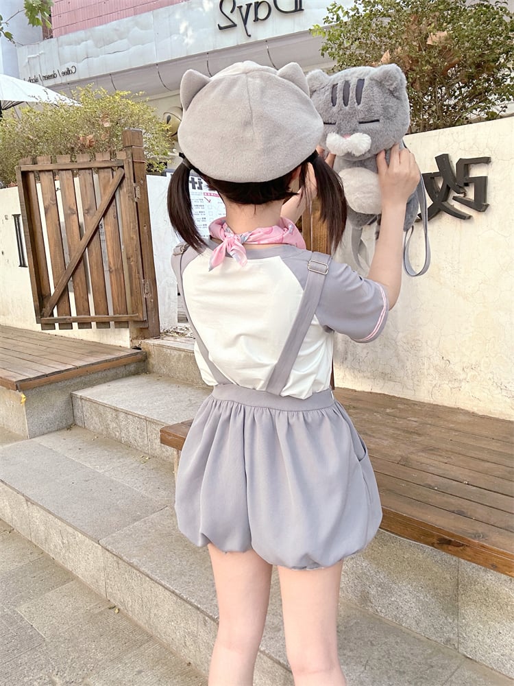 Shorts Bubble Overalls Adorable Kitty Pattern Gray