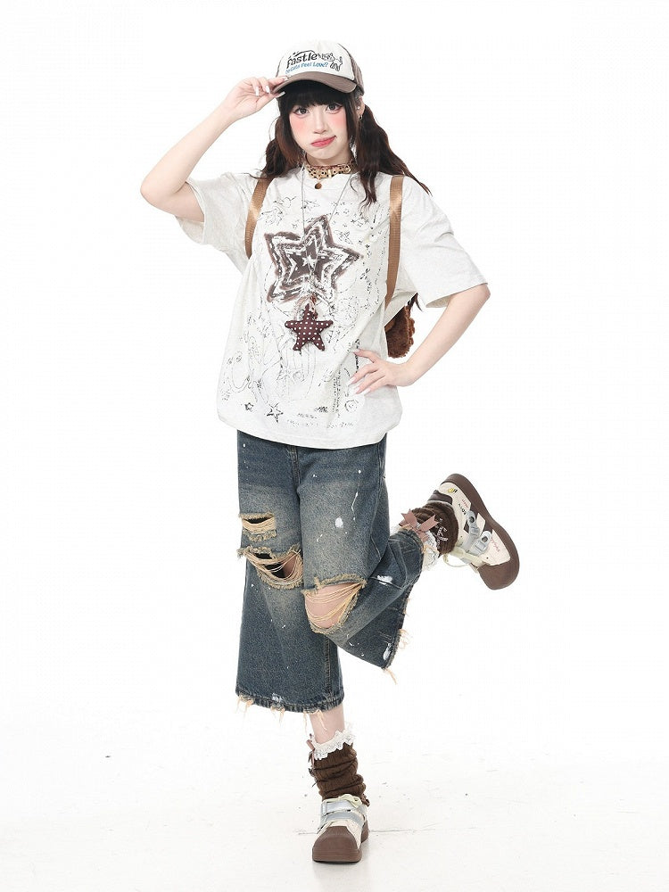 Gray Vintage Crew Neck Tee with Star Print - Languid Park