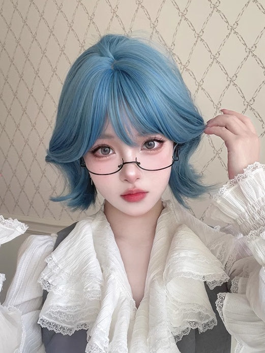 Blaue 29CM kurze Perücke mit Air Bangs