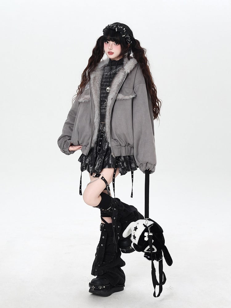 Jacket Ears Pattern Padded Fur Lettering Rabbit with Hooded