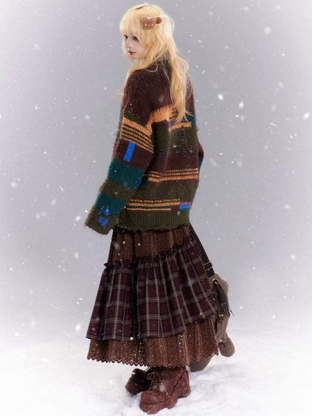 Brown Plaid Patchwork Flounce Hem Lace Skirt