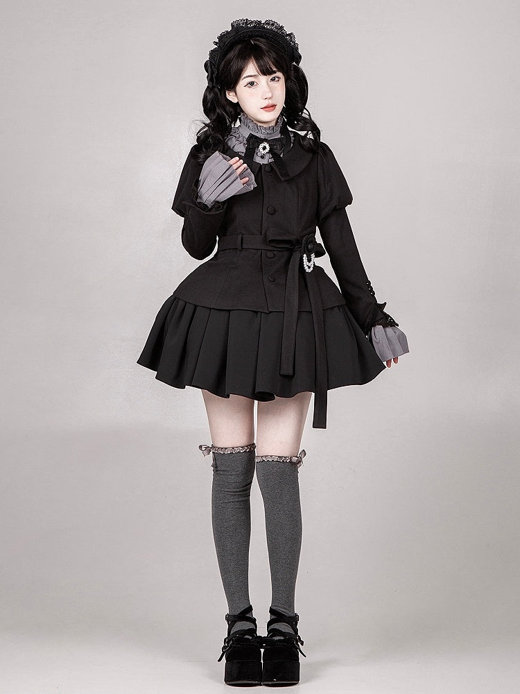 ブラック ジュリエットスリーブ ラウンドフラットカラー ロングスリーブコート