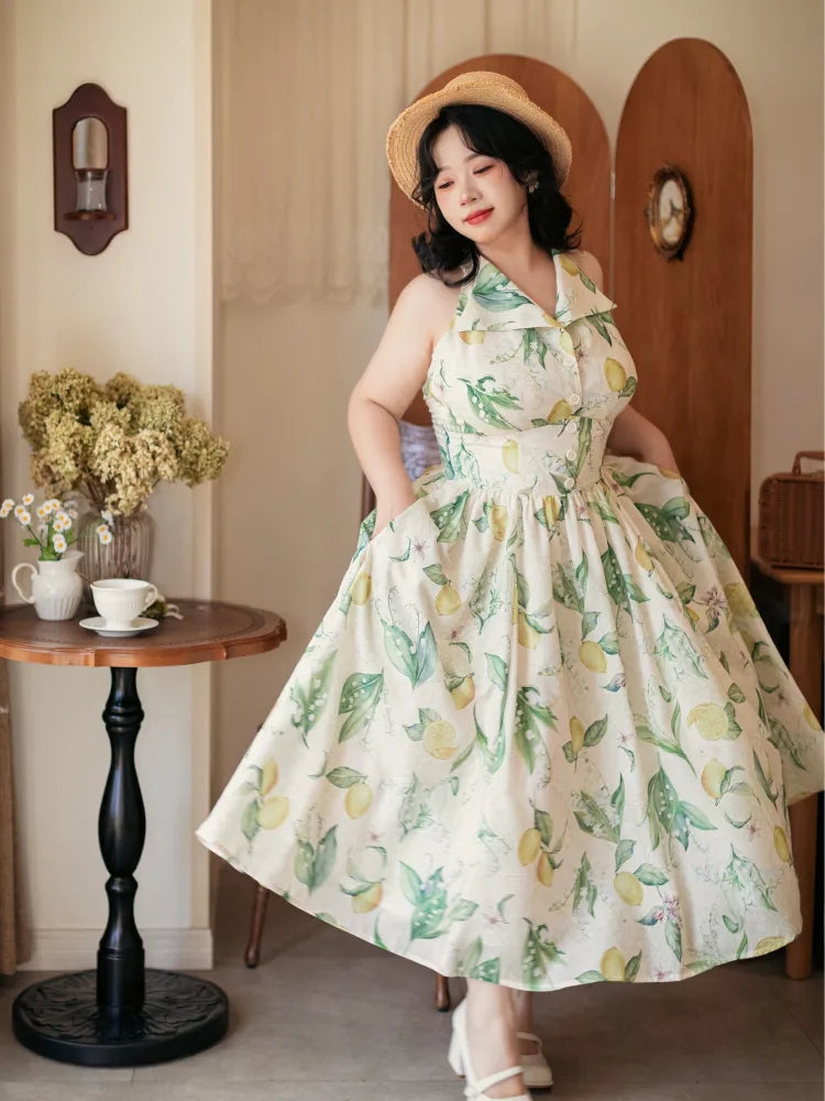 Neck Big Neckholder Fashion Backless Bow Lemon Green Retro Print Back Dress