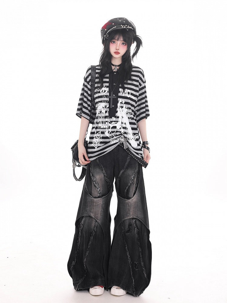 Dark Kawaii Black Striped Loose Short Sleeve T-shirt with Graffiti Print - KNOW8 Online Shop
