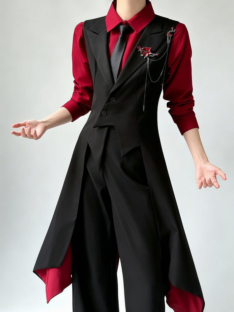 Red Inner Lining Black Tailcoat Dark Prince Waistcoat - ROAE