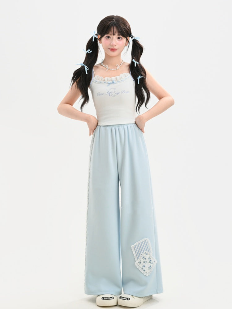 Blue/White Elastic Waist Floral Applique Wide-Leg Pants Regular/Short Version