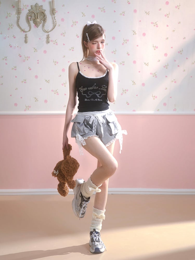 ブラック リボンプリント レーストリム キャミソールトップ