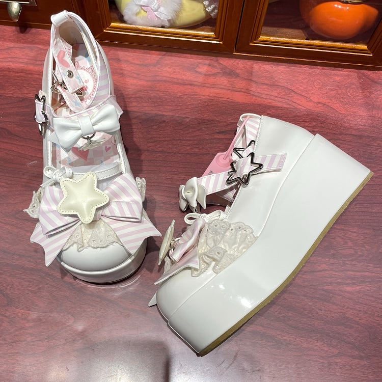 Straps Lolita White Star Platforms Bowknot Striped Pattern Details Buckle