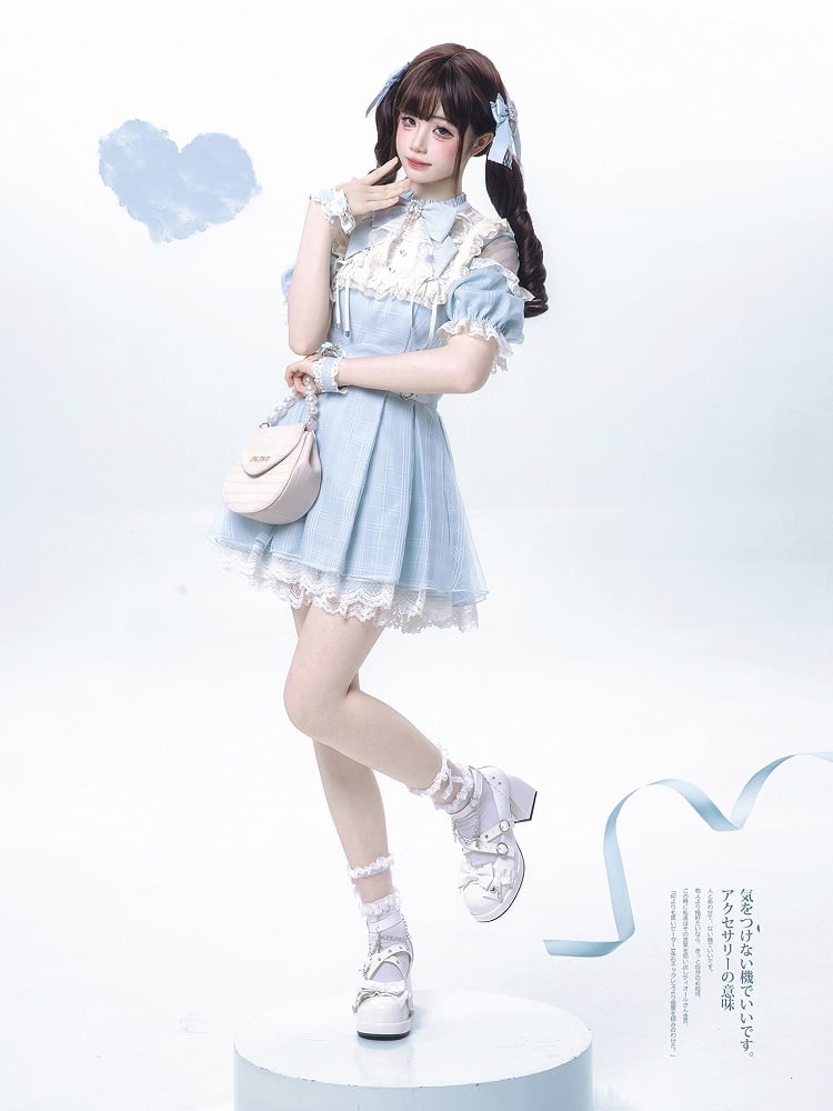 Blue Plaid and Neckline Lace-up with Cutout Kei Light Dress Jirai Shoulder