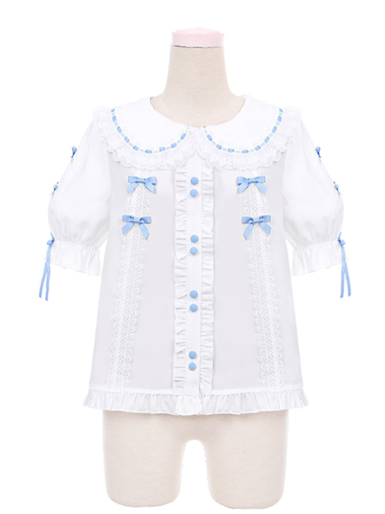 ブルーの蝶結び、ホワイトのピーターパンカラー、レーストリムのスイートロリータブラウス