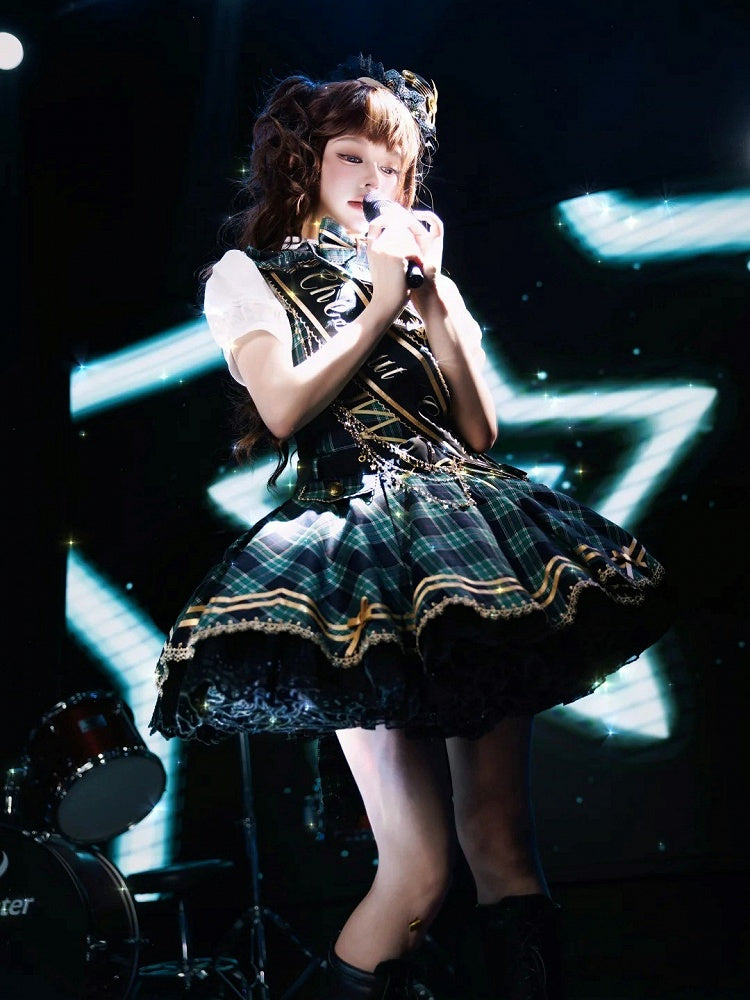 Green Idol Lolita Plaid JSK Dress with Golden Bear Embroidery and Black Scalloped Hem - LiLi Chain