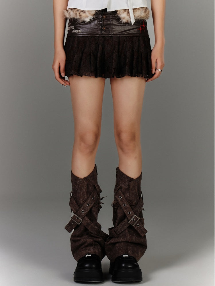 Mini Lace Patches Coffee Plush Leopard Waistline Fashion Glamorous Skirt Millard Hem Gyaru