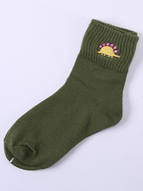 Dark Green Dinosaur Embroidered Calf Socks