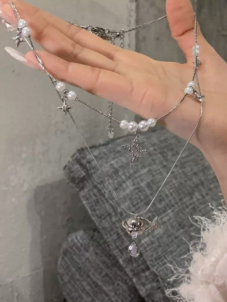 Silver Layered Pearl Pendant Necklace - YSHXS