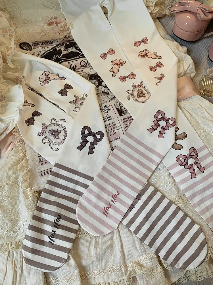 ブラウン/ピンクのウサギとクマのストライプ柄のスイートロリータタイツ