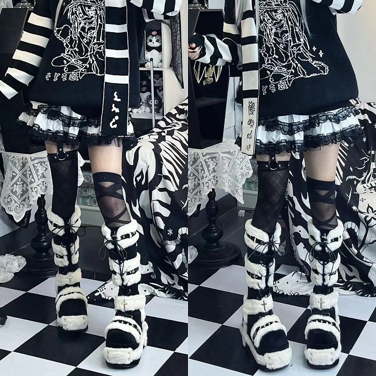 Y2K Details Dual Studded Cross Knee-High Platform Closure Accents Boots 9cm Black with -
