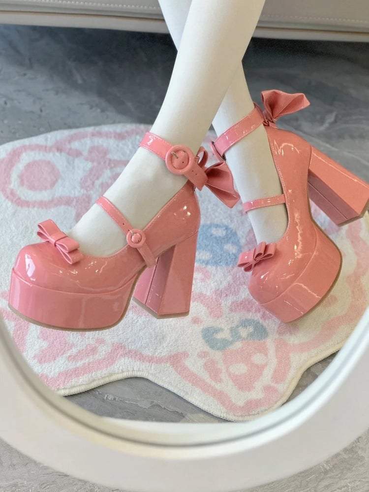 Block Circular Accent Janes Mary - Heel High Barbie Elegant and Pink Bow Clasp Removable